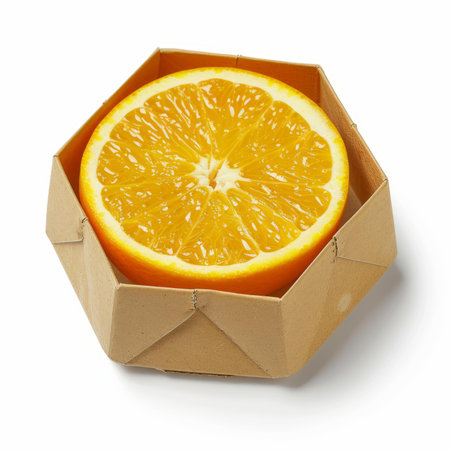 Single slice of orange fruit is resting in a hexagonally shaped cardboard box on a white backgroundの素材