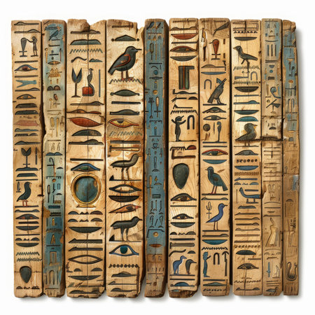 Collection of ancient egyptian planks with colorful hieroglyphs carved and painted on them, showcasing the intricacies of this ancient writing systemの素材