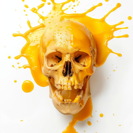 Human skull dripping with yellow paint splattered on a white background, creating a striking and morbid visualの素材