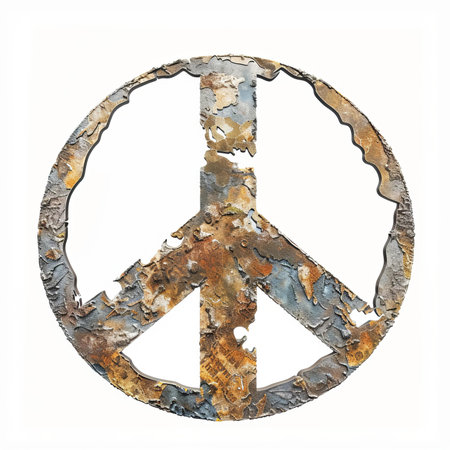 Grunge textured peace symbol evoking concepts of anti war protest, pacifism, and hope for a peaceful futureの素材