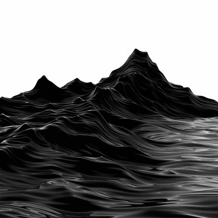 Shiny black waves creating abstract mountain range isolated on white backgroundの素材