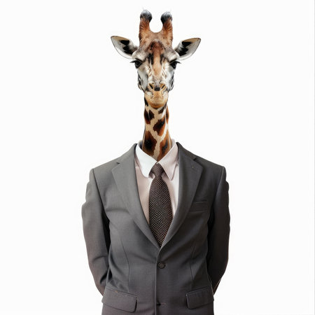Businessman with a giraffe head standing in a suit on a white backgroundの素材