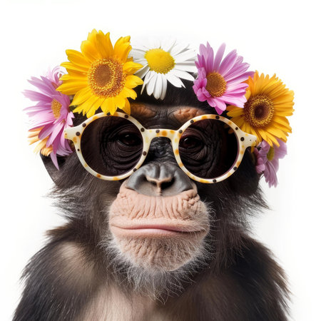 Portrait of a stylish chimpanzee wearing a colorful flower crown and sunglasses, showcasing a playful and fashionable primateの素材