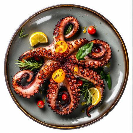 Delicious grilled octopus served on a plate and decorated with herbs, lemon, and tomatoesの素材