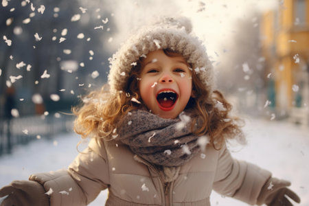 Cheerful girl playing with falling snow in winter urban landscape, wearing warm winter clothesの素材