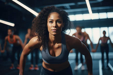 Focused female athlete performing exercises with group in health clubの素材