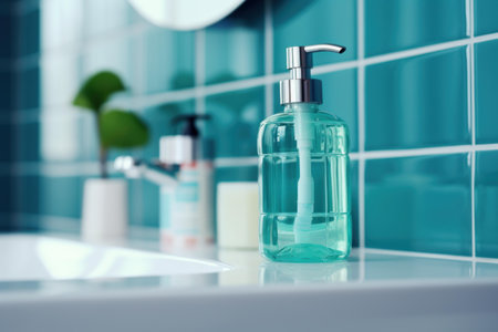 Turquoise dispenser bottle with silver pump stands on white porcelain sink in modern bathroom next to blurred faucet and plantの素材