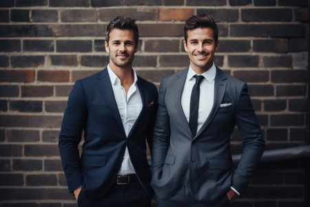 Two businessmen wearing suits are smiling while standing with their hands in their pockets against a brick wallの素材