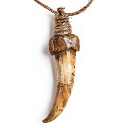 Studio shot of an animal tooth pendant hanging on a rope, isolated on a white backgroundの素材