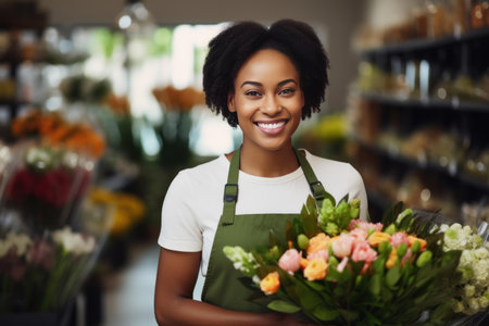 Young florist is holding a bouquet of flowers and smiling in a flower shopの素材