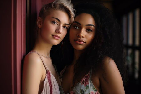 Two beautiful female models posing together, showcasing diversity and inclusion in fashionの素材