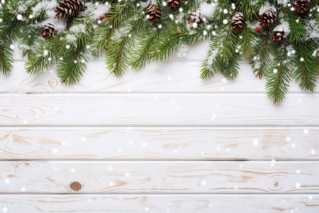Christmas fir tree branches, snow, and pine cones creating a festive border on a white wooden backgroundの素材