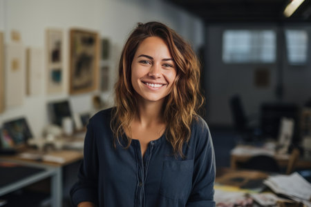 Portrait of a cheerful young creative professional smiling confidently in a modern office settingの素材