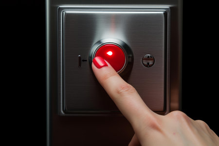 Woman finger with red nail polish pressing illuminated red button on a brushed metal control panelの素材