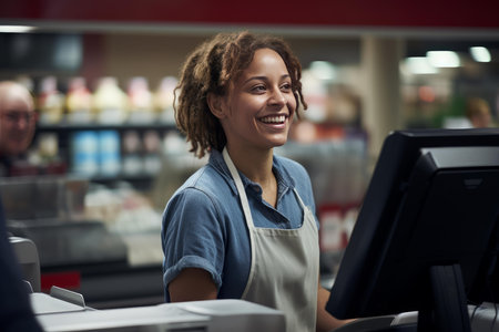 Cheerful supermarket employee wearing an apron assisting customers at the checkout counterの素材