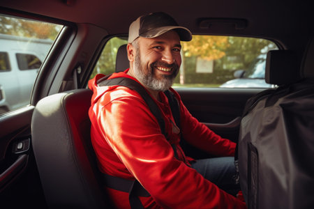 Delivery driver smiling while sitting in his car wearing a seat belt and ready to start his working dayの素材