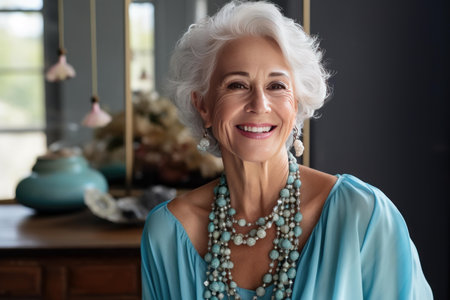 Portrait of a stylish senior woman with gray hair, smiling and wearing a beautiful turquoise necklace, showcasing elegance and confidenceの素材