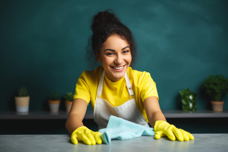 Cheerful cleaning lady wearing yellow gloves and apron wiping surface with rag and disinfectant spray, ensuring hygiene and cleanlinessの素材