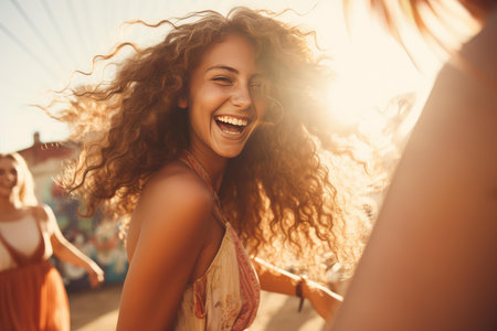 Carefree young woman with curly hair laughing outdoors with friends, enjoying summer vibes and friendshipの素材