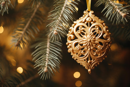 Elegant golden christmas ornament hanging on a christmas tree branch, creating a festive atmosphere with bokeh lights in the backgroundの素材
