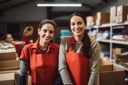 Two women wearing red aprons working in a food bank warehouse sorting through donationsの素材