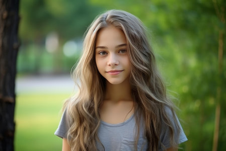 Young woman with long hair enjoying a sunny day in a green parkの素材