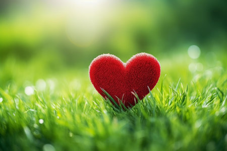 Red heart standing in green grass representing love, care, and eco friendly conceptsの素材
