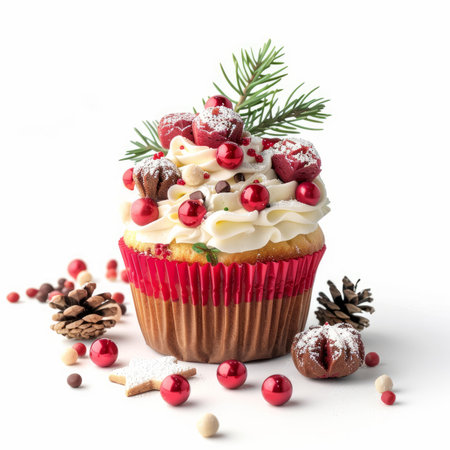 Delicious christmas cupcake decorated with whipped cream, pine sprig, red and white candies, and chocolate chips on white backgroundの素材