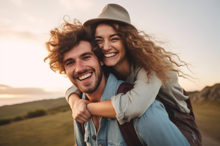 Cheerful man giving piggyback ride to his girlfriend while hiking in the countryside at sunsetの素材