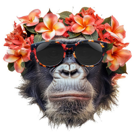 Stylish monkey wearing sunglasses and a vibrant flower crown embodies summer vibesの素材