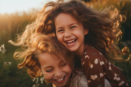 Two young sisters with long, flowing hair share a joyful moment, laughing together in a sun drenched meadowの素材