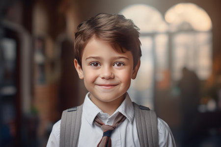 Portrait of happy student wearing school uniform and backpack, smiling and ready for classの素材
