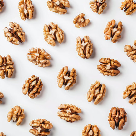 Walnut halves arranged on a white backdrop, creating a visually appealing patternの素材