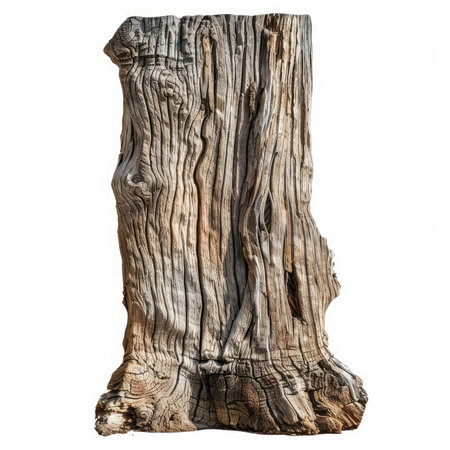 Weathered tree trunk isolated on white background, showing intricate wood grain patterns and the effects of time and natureの素材