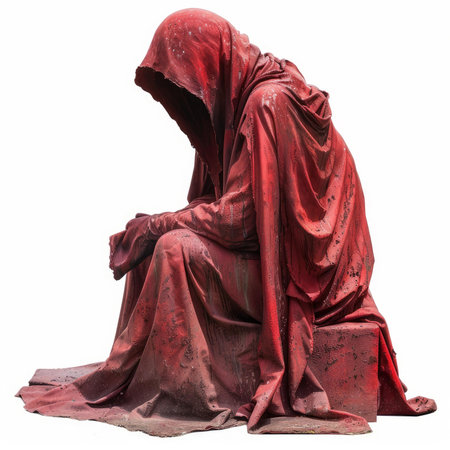 Statue of a cloaked figure sitting and contemplating, emanating mystery and solitudeの素材