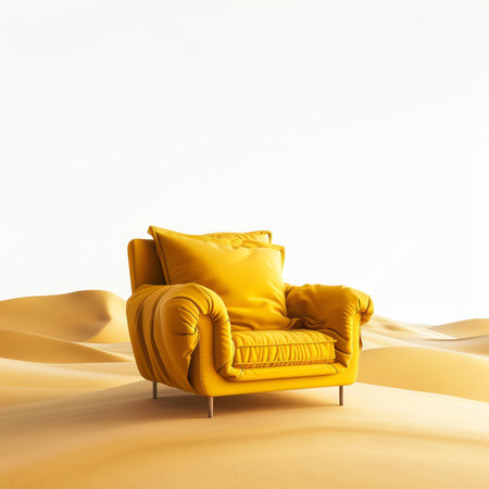 Comfortable yellow armchair placed in surreal desert landscape, creating unusual and intriguing contrastの素材