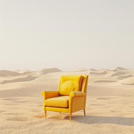 Comfortable yellow armchair placed in the middle of a sandy desert landscape during a sunny summer dayの素材