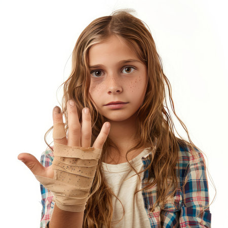 Portrait of a young girl with dirty hand wrapped in a bandage, isolated on white backgroundの素材