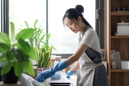 Young asian woman entrepreneur wearing apron and gloves arranging plants near window display in her flower shopの素材