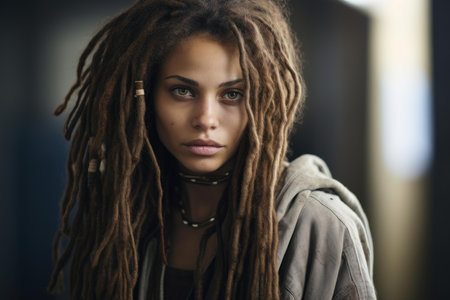 Portrait of a young woman with dreadlocks, wearing casual clothes and ethnic jewelry, in an urban environmentの素材