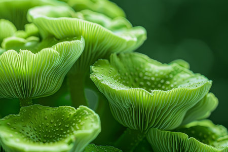 Close up of vibrant green mushrooms, highlighting their delicate gills and glistening dewdrops, creating a captivating natural sceneの素材