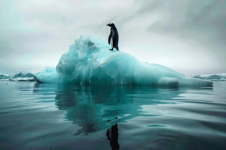 Chinstrap penguin standing on a turquoise iceberg in the ocean with reflections, antarcticaの素材