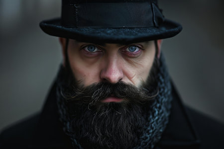 Close up portrait of a victorian gentleman wearing a black top hat and sporting a long, dark beardの素材