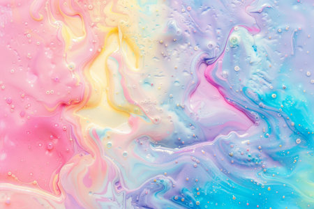 Fluid art painting with pastel colors mixing, creating abstract swirls and bubbles, perfect for backgroundsの素材