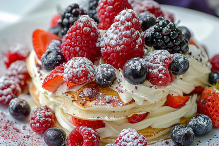 Stack of pancakes with whipped cream and fresh berries covered with icing sugar, making a perfect breakfast or dessertの素材