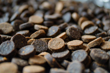 Dry dog food pellets create a visually appealing background, showcasing their texture and color variationsの素材