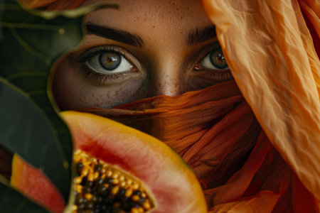 Close up of a freckled woman with captivating eyes, partially concealed by an orange veil, with a papaya fruit in the foregroundの素材