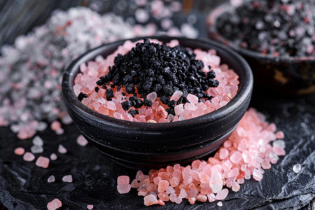 Black and pink himalayan salt crystals are creating a colorful contrast in black bowlsの素材