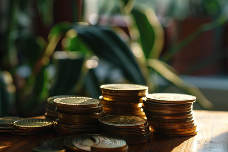 Golden coins stacked on a wooden surface represent financial growth, savings, and investment successの素材