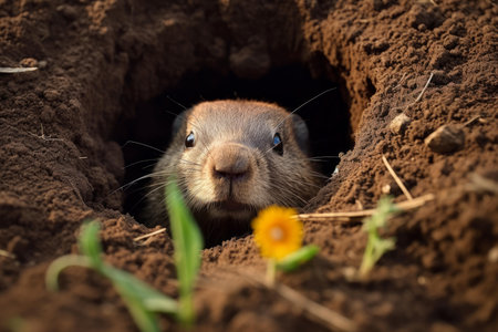 Groundhog emerging from its burrow in the ground with a yellow flower in the foregroundの素材